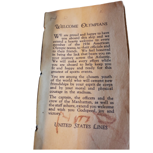 SS Manhattan American Olympic Team Program For Athletes Going To Berlin Olympics - Opening Page SS Manhattan American Olympic Team Program For Athletes Going To Berlin Olympics - Opening Page